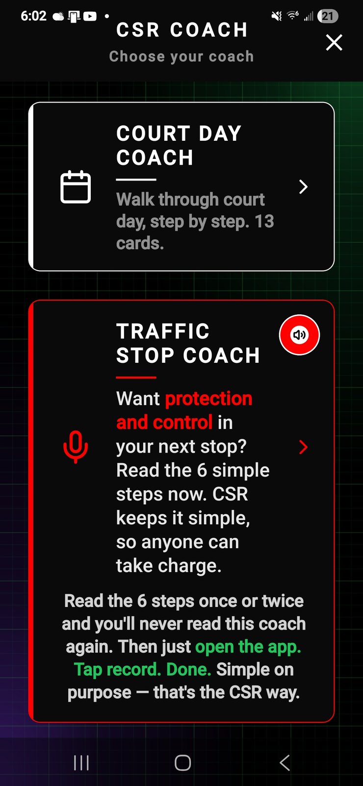 CopStopReady CSR Coach screen