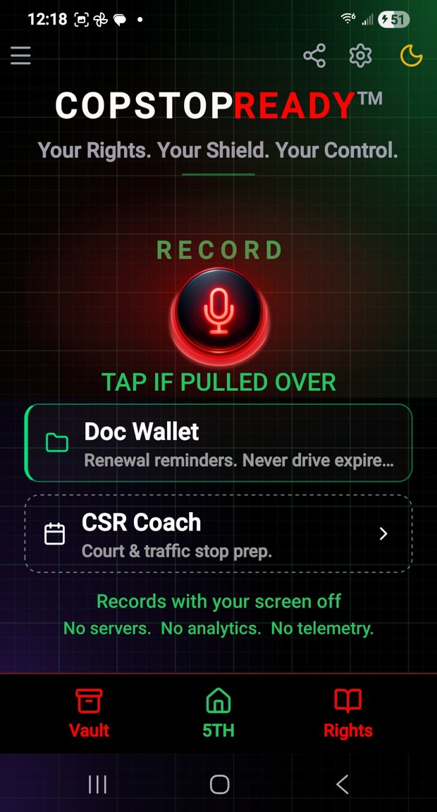 CopStopReady home screen